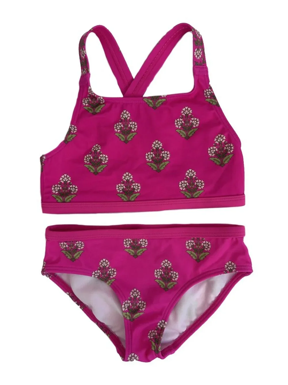 Mini Boden Girls 3-Piece Swim Set – Pink Floral Bikini & Rashguard Size 5-6Y